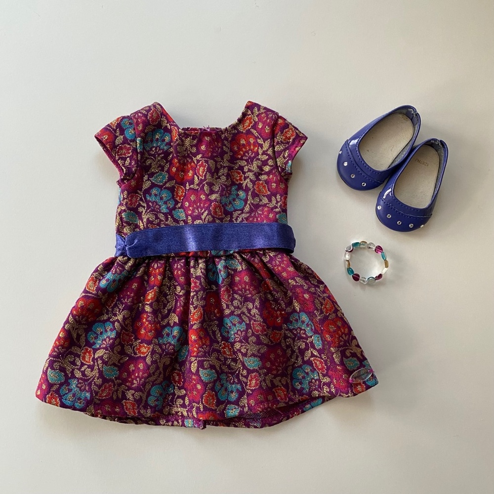 American Girl Doll Brocade Fancy Holiday Party Dress Set with shoes and bracelet